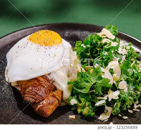 Delicious breakfast croissant topped with egg and side salad Delicious breakfast croissant topped with egg and side salad 123250889