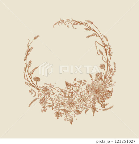 Autumn wreath with flowers and cereals. Autumn wreath with flowers and cereals. 123251027