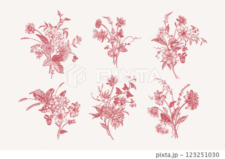 Set with floral compositions in engraving style Set with floral compositions in engraving style 123251030