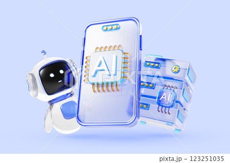Artificial intelligence technology 3d blue background. Glass smartphone with ai chip, chat bot robot character, data server. Machine learning, support service assistant in mobile app. 3D illustration Artificial intelligence technology 3d blue background. Glass smartphone with ai chip, chat bot robot character, data server. Machine learning, support service assistant in mobile app. 3D illustration 123251035
