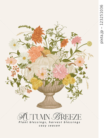 Illustration with a flowerpot, pumpkins, flowers 123251036