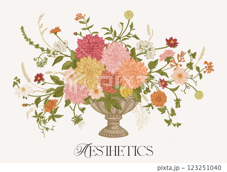 Arrangement of flowers, berries and herbs. 123251040
