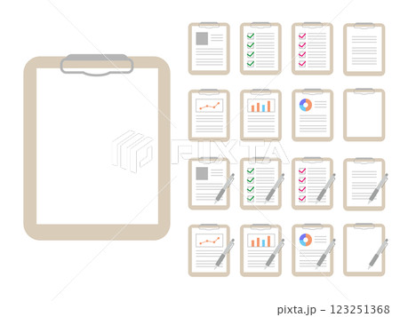 シンプルなバインダーと色々な書類のアイコンイラストセット フレームつき チェックリスト グラフ 123251368