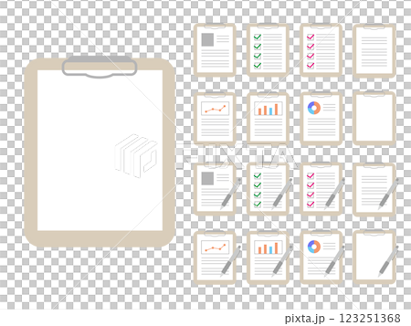 シンプルなバインダーと色々な書類のアイコンイラストセット フレームつき チェックリスト グラフ 123251368