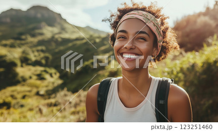 Travel, hiking, adventure, happy traveler young African woman, hiker smiling in the mountains 123251460