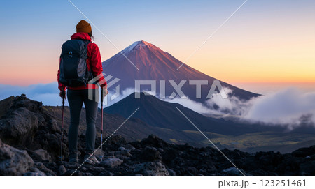 Travel, hiking, adventure, traveler hiker man stands on top of mountain enjoying scenic landscape 123251461