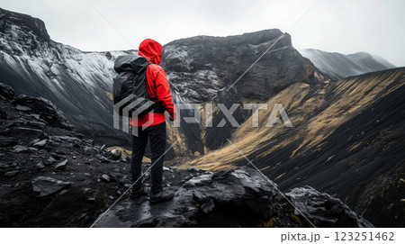 Travel, hiking, adventure, traveler hiker man stands on top of mountain enjoying scenic landscape 123251462
