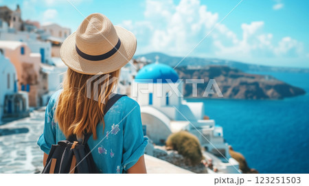 Summer vacation, traveler woman enjoying landscape view and blue sea of Greece 123251503