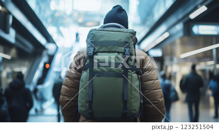 Back view of a male traveler with a backpack standing at the airport 123251504