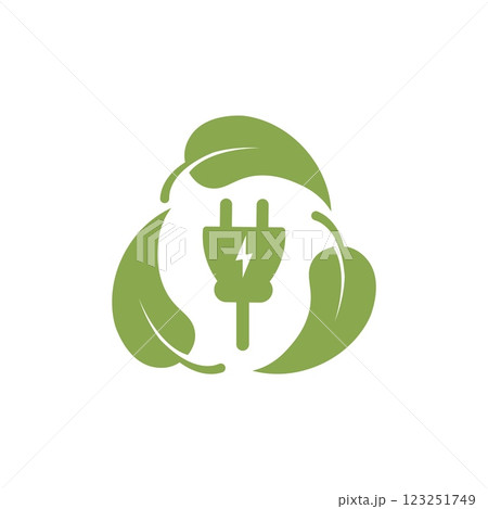 Eco Energy Icon with Green Leaves and Power Plug in Minimalistic Style for Sustainability, Renewable Energy, and Eco-Friendly Design. Vector Illustration 123251749
