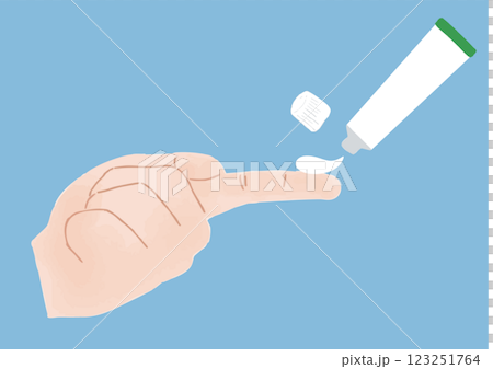 1フィンガーチップユニットの薬剤を人差し指に乗せる左手の手描きイラスト 123251764