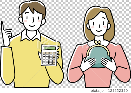 お金を管理する若いカップルの上半身 123252330