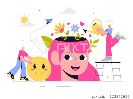 Mental Health Vector Illustration Featuring a Brain and Flowers, Symbolizing Enjoying Life, Solving Mental Problems, and Thinking Positively Mental Health Vector Illustration Featuring a Brain and Flowers, Symbolizing Enjoying Life, Solving Mental Problems, and Thinking Positively 123252622