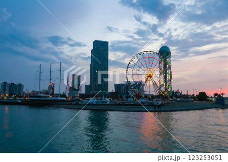 Batumi, Adjara, Georgia. View from the sea on illuminated resort town at evening 123253051