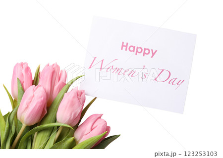8 March, International Women's Day, bouquet of pink tulips and greeting card, top view, isolated on white background, PNG 8 March, International Women's Day, bouquet of pink tulips and greeting card, top view, isolated on white background, PNG 123253103