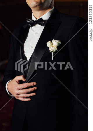 Groom in white shirt, suit and bow tie holding lapel of his jacket indoors. Wedding concept. 123253313