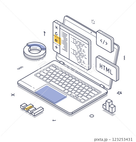 Laptop displaying HTML code with design elements around a workspace setup isometric line art vector illustration Laptop displaying HTML code with design elements around a workspace setup isometric line art vector illustration 123253431