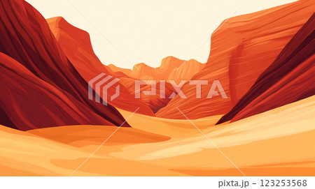 Abstract desert landscape with layered rock formations in shades of red, orange, and beige. The artwork evokes a sense of serene isolation. 123253568