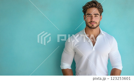 Portrait of handsome man in white shirt against bright turquoise background. Confident and stylish in simple, timeless attire. Portrait of handsome man in white shirt against bright turquoise background. Confident and stylish in simple, timeless attire. 123253601