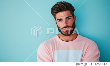 Portrait of a handsome man against a vibrant blue background, showcasing his stylish haircut and beard with soft pink shirt. 123253613