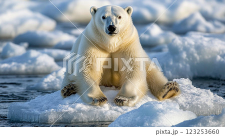 Arctic Majesty: A polar bear lounges on an ice floe, facing the camera with its pristine white fur glistening under the sunlight. Arctic Majesty: A polar bear lounges on an ice floe, facing the camera with its pristine white fur glistening under the sunlight. 123253660
