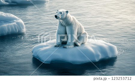 Polar bear sits on melting ice floe in open water, a stark reminder of the impact of a warming climate on arctic wildlife. 123253712