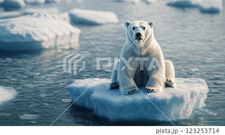 Solitary polar bear perched on a small ice floe, adrift in the vast, icy waters of the Arctic, observing the surrounding landscape. 123253714