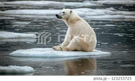 Polar bear perched on iceberg, gazing into distance. A solitary sight amidst icy waters, nature's beauty and resilience showcased. 123253725