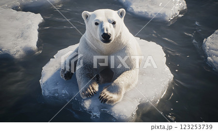 Polar bear sitting on ice floe, highlighting habitat loss and climate change impact, calling for conservation efforts. Vulnerable Arctic species. 123253739