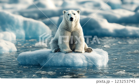 A lone polar bear perched on an ice floe. The serene yet urgent image highlights climate change and its impact on Arctic wildlife. 123253745