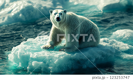 Polar bear perched on melting ice floe. A stark reminder of our changing climate. Majestic creature, vulnerable habitat. Polar bear perched on melting ice floe. A stark reminder of our changing climate. Majestic creature, vulnerable habitat. 123253747