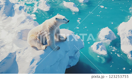 Polar Bear on Ice: A majestic polar bear surveys its icy realm, highlighting the beauty and fragility of Arctic ecosystems. 123253755