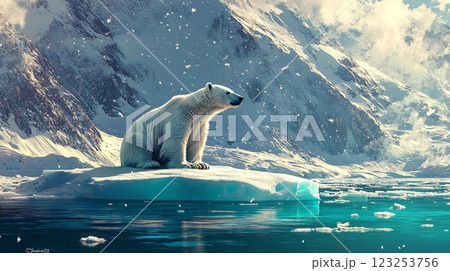 A majestic polar bear perched atop a glistening iceberg amidst a serene Arctic landscape of snow-capped mountains & turquoise waters. 123253756
