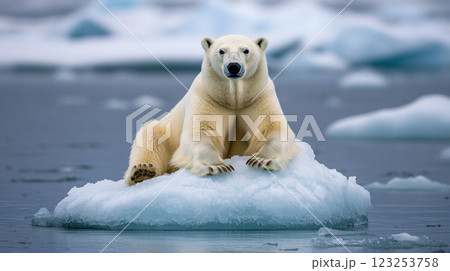 Polar bear resting on an ice floe in the Arctic. Majestic white bear looking towards the camera surrounded by icy water. 123253758