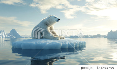 Polar bear on a small iceberg surrounded by water, gazing out against a backdrop of icebergs, sea, and a partly cloudy sky. 123253759
