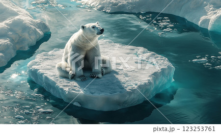 Lone polar bear rests on melting ice floe, a stark image of environmental challenges in the Arctic's changing landscape. 123253761