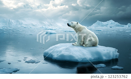 Polar bear perched atop a floating ice floe, surveying its icy domain amidst a vast, cold ocean, cloudy sky and distant glaciers. 123253762