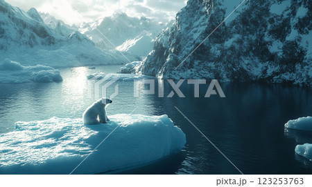 A lone polar bear sits atop a small iceberg amidst a frigid landscape of icy water and snow-capped mountains under a pale, overcast sky. A lone polar bear sits atop a small iceberg amidst a frigid landscape of icy water and snow-capped mountains under a pale, overcast sky. 123253763