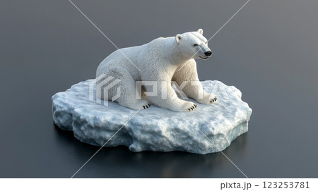 A solitary polar bear rests on a small, icy island. The bear's white fur contrasts against the blue ice and gray background. Vulnerable wildlife. 123253781