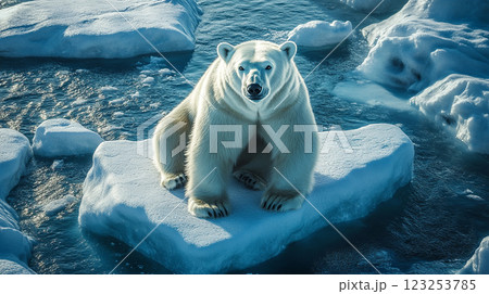 Polar bear sitting on a chunk of ice, surrounded by cold water and smaller pieces of ice in an arctic region looking to the camera. Polar bear sitting on a chunk of ice, surrounded by cold water and smaller pieces of ice in an arctic region looking to the camera. 123253785