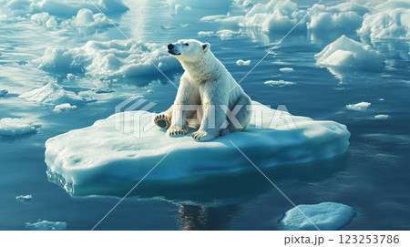 A majestic polar bear perched atop a melting ice floe, gazing into the horizon amidst a serene arctic landscape. A majestic polar bear perched atop a melting ice floe, gazing into the horizon amidst a serene arctic landscape. 123253786
