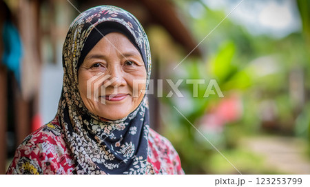 Portrait of a smiling woman wearing a floral hijab, radiating warmth and serenity, set against a lush, green background. Natural beauty. Portrait of a smiling woman wearing a floral hijab, radiating warmth and serenity, set against a lush, green background. Natural beauty. 123253799
