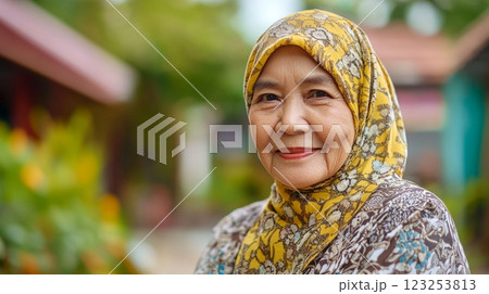 Portrait of a smiling senior woman in a yellow patterned headscarf, exuding warmth and cultural grace against a lush outdoor backdrop. Portrait of a smiling senior woman in a yellow patterned headscarf, exuding warmth and cultural grace against a lush outdoor backdrop. 123253813