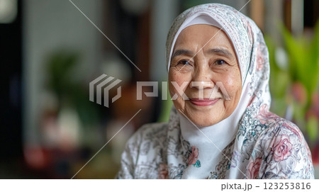 Portrait of a serene older woman in a floral hijab, her gentle smile radiating warmth and wisdom in a softly lit environment. 123253816