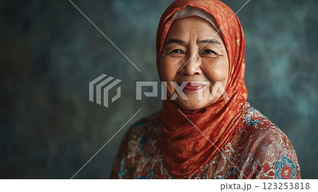 Warm portrait of an elderly woman in a headscarf, radiating serenity and strength. Timeless beauty, cultural richness, and inner peace. 123253818