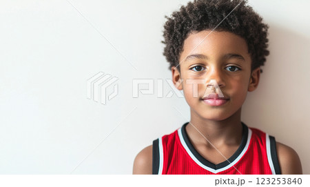 Focused youth portrait, with curly hair, wearing a red and white top, against a soft, neutral backdrop, looking directly at the camera. Focused youth portrait, with curly hair, wearing a red and white top, against a soft, neutral backdrop, looking directly at the camera. 123253840