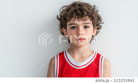 Young boy with curly brown hair, wearing a red and white sports tank top against a simple backdrop. He's looking directly at the camera. Young boy with curly brown hair, wearing a red and white sports tank top against a simple backdrop. He's looking directly at the camera. 123253842