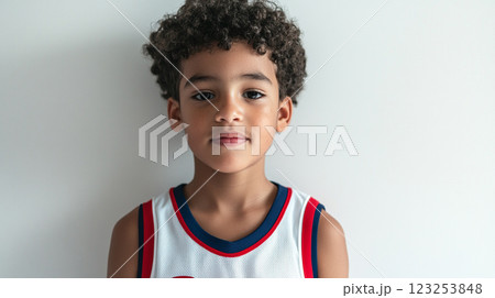 Portrait of a young boy with curly hair wearing a sports jersey. He looks directly at the camera with a calm expression. 123253848