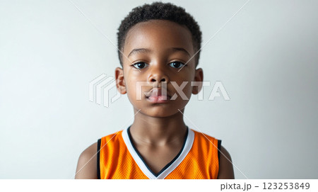 A young boy wearing a sporty orange jersey poses for a portrait, radiating confidence and youthful energy against a plain backdrop. 123253849
