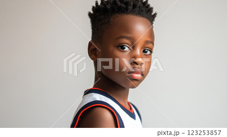 Young boy portrait: Capturing innocence and youthful spirit with a modern twist, showcasing style and confidence in a minimalistic setting. 123253857